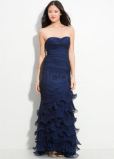 Sweetheart Dark Navy Blue Chiffon Floor Length Prom Dress