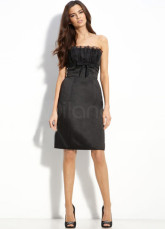 Elegant Black Satin Strapless A-line Knee Length Cocktail Dress
