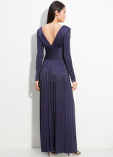 Deep V-neck Dark Navy Blue Chiffon Long Sleeve Prom Dress