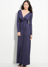 Deep V-neck Dark Navy Blue Chiffon Long Sleeve Prom Dress