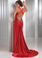 Attractive Red Elastic Woven Stain Halter Beading Prom Dress