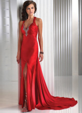Attractive Red Elastic Woven Stain Halter Beading Prom Dress