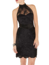 Attractive Black Terylene Lace Embroider Sleeveless Party Dress