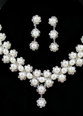 White Flower Shaped Silver Plating Imitated Pearl Rhinestone Wedding Jewelry Set