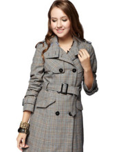 Light Blue Plaid Pattern Double-Breasted Womens Coat