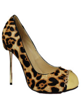Leopard Pattern Open Toe Horse Hair High Heel Womens Shoes
