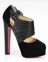 Chunky haut talon en peau de mouton Buckle Womens rouge Bas chaussures noires