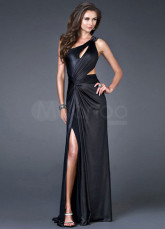 Elegant Black One-Shoulder Side Splitting Satin Prom Dress
