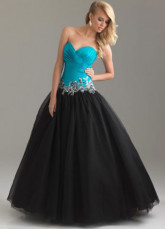 Navy Blue Satin Strapless Sweetheart Beading Black Tulle Ball Gown
