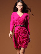 Fabulous Red Pleated V-Neck Womens Party Dress