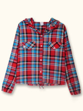 Désinvolte Plaid Pattern Bandage Hoodied coton Womens chemise rouge