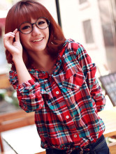 Désinvolte Plaid Pattern Bandage Hoodied coton Womens chemise rouge