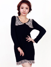 Noirs manches longues, mélange de laine Pink Lace garniture Womens robe