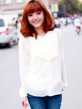 Stand jaune clair col Long manches mousseline de soie Womens Blouse