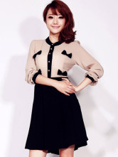 Attractive Light Yellow Bow Stand Collar Chiffon Womens Dress