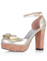 Golden Schaffell Bow Dekoration Ankle Strap Platform Chunky Heel Schuhe