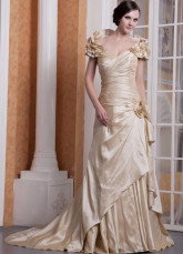 Champagne Taffeta Off-The-Shoulder Flowers Prom Dress