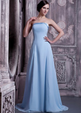Light Sky Blue Satin Chiffon Strapless Bridesmaid Dress