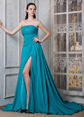 Blue Chiffon Strapless Side Splitting Beading Prom Dress