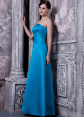 Blue Satin A-line Strapless Floor Length Bridesmaid Dress