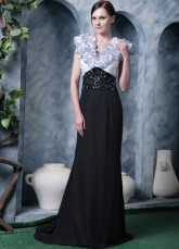Black White Chiffon V-neck Beading Flowers Prom Dress
