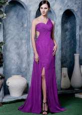 Grape Chiffon One Shoulder Front Splitting Prom Dress