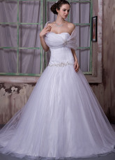 White Net Satin Strapless A-line Wedding Dress