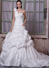 Ivory Taffeta Beading Flower One Shoulder A-line Wedding Dress