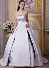 Black White Satin Embroidery Beading Strapless A-line Wedding Dress
