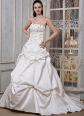 Ivory Satin Beading Strapless Embroidery A-line Wedding Dress