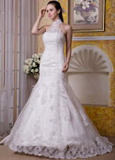 Ivory Satin Lace Beading Halter Mermaid Trumpet Wedding Dress