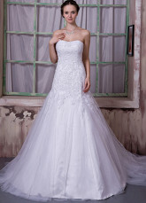 White Net Satin Beading Strapless A-line Wedding Dress
