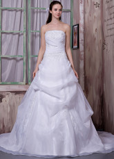 White Satin Organza Strapless Beading A-line Wedding Dress