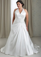 Gorgeous White V-Neck A-line Halter Satin Plus Size Wedding Dress