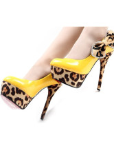 Yellow Leopard Platform Bow Patent Leather Womens Pumps