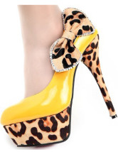 Yellow Leopard Platform Bow Patent Leather Womens Pumps