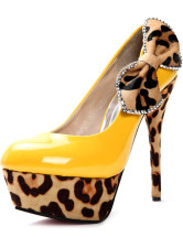 Yellow Leopard Platform Bow Patent Leather Womens Pumps