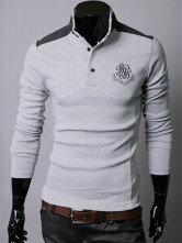 Light Gray Stand Collar Long Sleeves Cotton Men's Polo Shirt