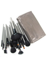 24 Piece Makeup Brush Set With Silver Gray Leather Brush Bag