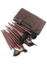 Brown Leather Brush Bag With 27 Piece Makeup Brush Set