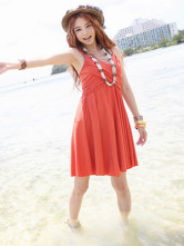 Orange Red Cotton Blended Spaghetti Straps Women's Summer Dress