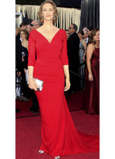 Red Chiffon V-neck A-line Half Sleeve Janet Mcteer Oscar Dress