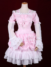 Pink Cotton Square Neck Long Sleeves Ruffled Sweet Lolita Dress