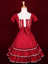 Red Cotton Square Neck Short Sleeves Bow Classic Lolita Dress