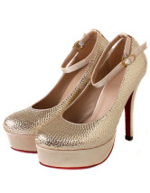 Glittery Paillette PU Leather Ankle Strap Platform Pumps