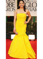 Mermaid Trumpet Yellow Satin Strapless Evening Golden Globe Dress