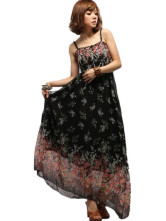 Belle robe maxi bohémienne en mousseline noir à bretelles sans manches