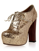 Lace-Up Sequined Cloth Womens Chunky Heel Booties