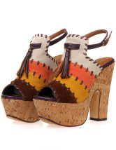 Gorgeous Color Block Tassel Chunky Heel Womens Dress Sandals