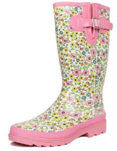 Cute Pink Floral Printing Mid Calf Length Women's Waterproof Rain Boots